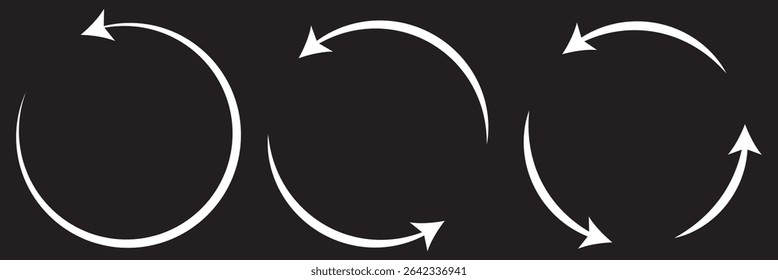 Circle arrow icon. Refresh and reload arrow icon. Rotation vector arrows set. Different circular arrows of black background. Vector illustration. 