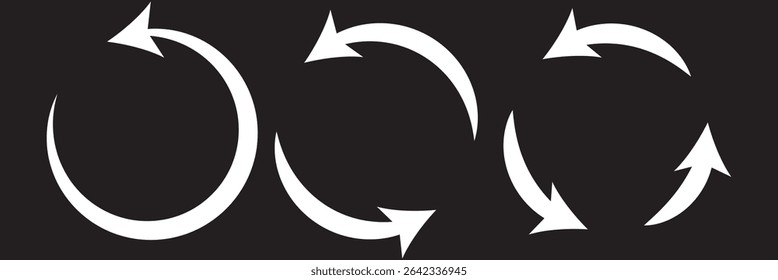 Circle arrow icon. Refresh and reload arrow icon. Rotation vector arrows set. Different circular arrows of black background. Vector illustration. 