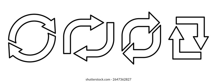 Conjunto de ícones de seta circular. Conjunto de setas circulares rotativas, setas circulares diferentes de cor preta isoladas. Ícone Reciclar, repetir, atualizar. Ilustração vetorial.