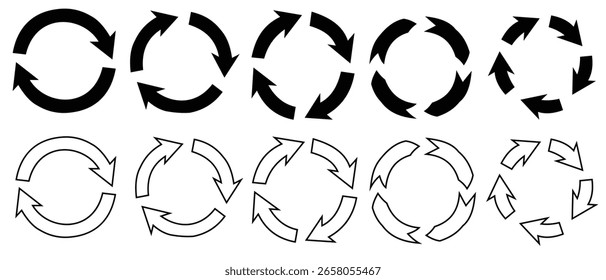 Conjunto de iconos de flecha de círculo. flechas de círculo negro. Iconos del vector. Gráfico para el Sitio web. Símbolo de recarga, actualización, carga, reciclaje y repetición. Signo de trabajo en curso. Interconexión de iconos de vector de flecha redonda .
