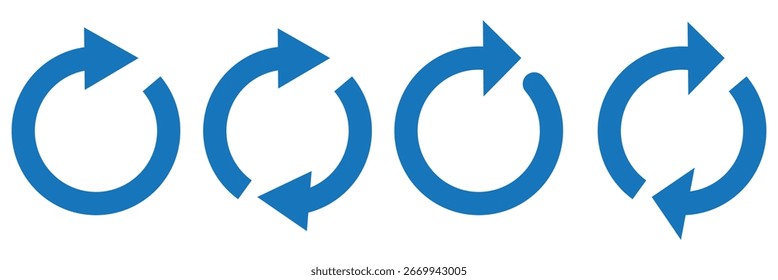 ícone de seta circular definido. Ícone de seta circular azul, atualizar, sinal de símbolo de ícone de seta de recarga. Blue Recarregar ícone de vetor definido. repita o vetor. reiniciar ou reiniciar o sinal. Repita o símbolo de ciclo. Seta de rotação azul