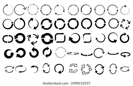 Conjunto de iconos de flecha circular. Iconos de flecha circular para actualizar y recargar. Una colección de flechas circulares giratorias sobre un fondo blanco. Ilustración vectorial.