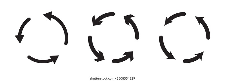 ícone de seta circular definido. ícone de seta circular, atualizar, recarregar. Conjunto de setas circulares que giram sobre fundo branco. Ilustração vetorial