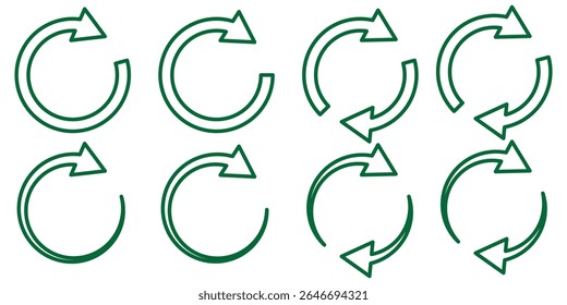 Conjunto de iconos de flecha circular. icono de flecha circular, actualizar, recargar, rotación. Símbolo verde del icono del Vector de reciclaje. Repetir y recargar los iconos establecidos y el círculo de rotación de la flecha