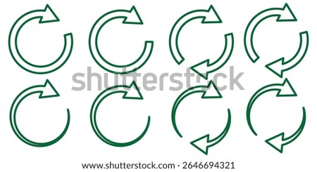 circle arrow icon set. circular arrow icon, refresh, reload, rotation. Green recycle vector icon symbol. Repeat and reload icons set and arrow rotation circle