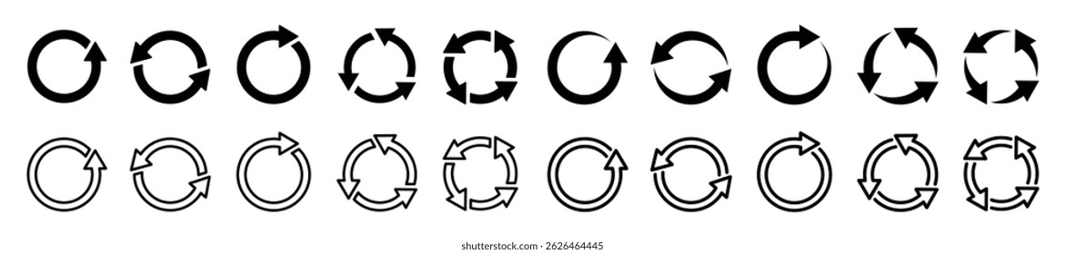circle arrow icon set, containing refresh, rotation, reload, Repeat and more, recycle symbol Vector illustration.