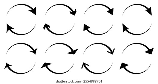 Circle arrow icon set in different shape. Set of circle arrows isolated on a white background. Rotate arrow icon, refresh and reload icons. Vector illustration.