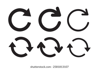 Circle arrow icon set. Refresh, reload, recycle, loop rotation sign collection. Black circle arrows for infographics, web design. circle arrows rotating on white background. vector eps 10