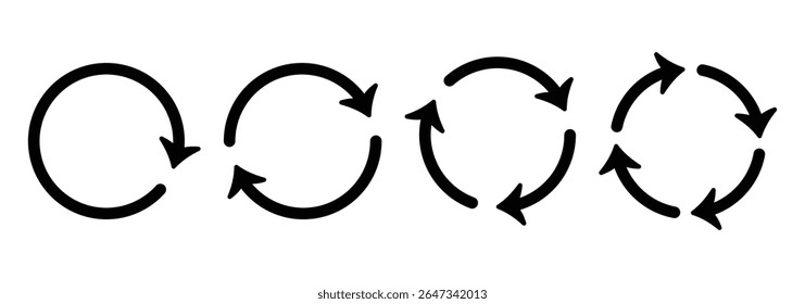 Conjunto de ícones de seta circular. Atualizar conjunto de ícones. Símbolo de recarregar, atualizar, carregar, reciclar e repetir. Interconexão de conjunto de ícones de vetor de seta redonda.  Ilustração vetorial
