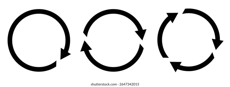 Conjunto de ícones de seta circular. Atualizar conjunto de ícones. Símbolo de recarregar, atualizar, carregar, reciclar e repetir. Interconexão de conjunto de ícones de vetor de seta redonda.  Ilustração vetorial