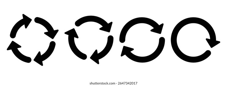 Conjunto de ícones de seta circular. Atualizar conjunto de ícones. Símbolo de recarregar, atualizar, carregar, reciclar e repetir. Interconexão de conjunto de ícones de vetor de seta redonda.  Ilustração vetorial