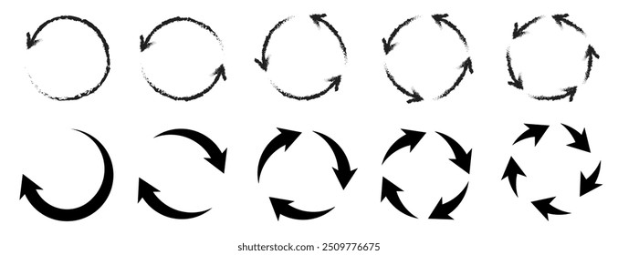 Conjunto de ícones de seta circular. Recarregar, atualizar, carregar, reciclar e repetir símbolo. Ícones de seta redonda de interconexão ou sinal de trabalho em andamento. Um, dois, três, quatro, cinco, seta em volta da ilustração vetorial.