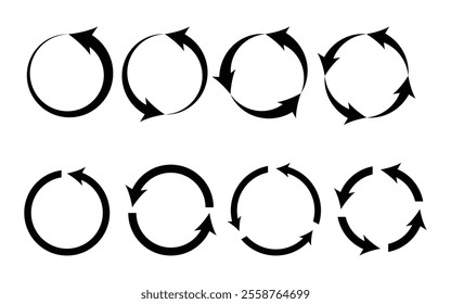 Circle arrow icon set. Reload, refresh, loading, recycle and repeat symbol. Interconnecting round arrow icons or work in progress sign. One, two, three, four, loop arrow vector illustration.