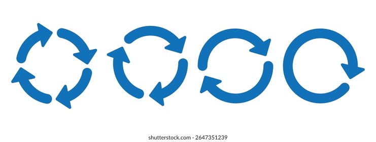 Circle arrow icon set. Reload, refresh, loading, recycle and repeat symbol. Interconnecting round arrow vector icons set. Set of blue circle vector arrows. One, two, three, four, five, loop arrow 
