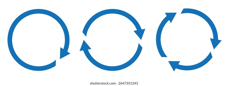 Circle arrow icon set. Reload, refresh, loading, recycle and repeat symbol. Interconnecting round arrow vector icons set. Set of blue circle vector arrows. One, two, three, four, five, loop arrow 
