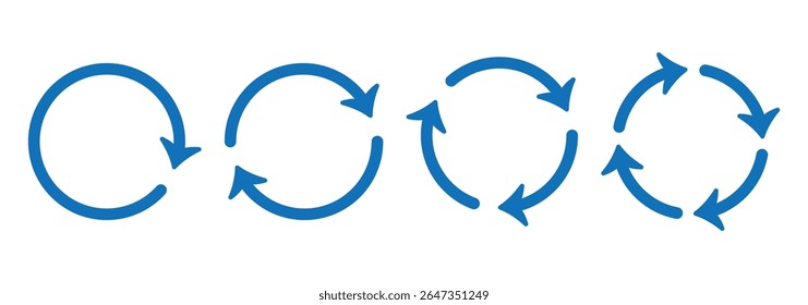 Circle arrow icon set. Reload, refresh, loading, recycle and repeat symbol. Interconnecting round arrow vector icons set. Set of blue circle vector arrows. One, two, three, four, five, loop arrow 