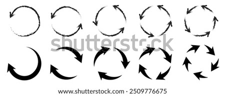 Circle arrow icon set. Reload, refresh, loading, recycle and repeat symbol. Interconnecting round arrow icons or work in progress sign. One, two, three, four, five, loop arrow vector illustration.