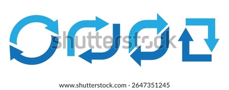 Circle arrow icon set. Reload, refresh, loading, recycle and repeat symbol. Interconnecting round arrow vector icons set. Set of blue circle vector arrows. One, two, three, four, five, loop arrow 