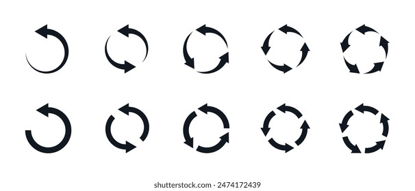 Circle arrow icon set. Symbol of reload, refresh, loading, recycle and repeat. Interconnecting round arrow vector icons set. Work in progress sign. One, two, three, four, five, six arrow in the loop.