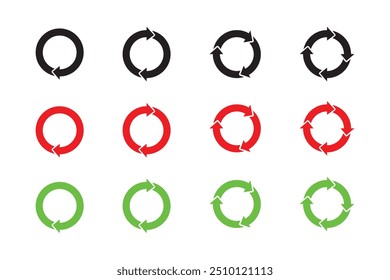 Conjunto de ícones de seta circular. Símbolo de recarregar, atualizar, carregar, reciclar e repetir. Interconexão de conjunto de ícones de vetor de seta redonda. Sinal de trabalho em andamento. Um, dois, três, quatro flechas no laço.