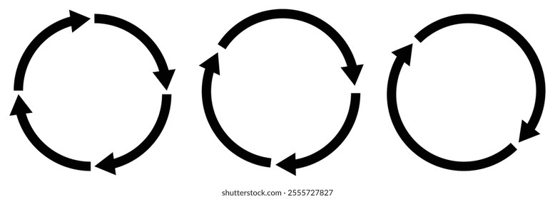 Circle arrow icon set. Symbol of reload, refresh, loading, recycle and repeat. Set of circle arrows rotating, different circular arrows of black color isolated. 
