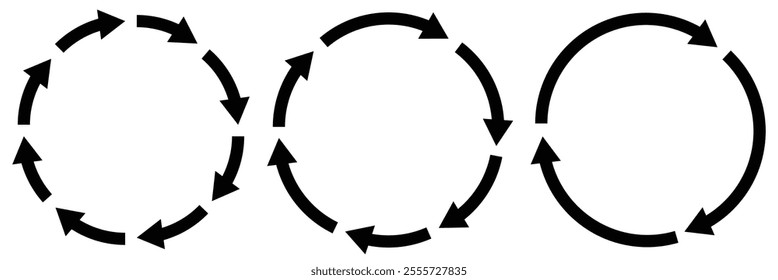 Circle arrow icon set. Symbol of reload, refresh, loading, recycle and repeat. Set of circle arrows rotating, different circular arrows of black color isolated. 