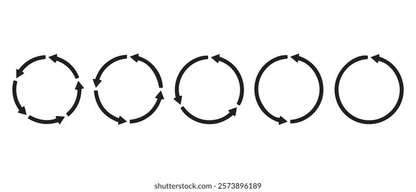 Circle arrow icon set. Symbol of reload, refresh, loading, recycle and repeat. Interconnecting round arrow vector icons set. Work in progress sign. One, two, three, four, five, six arrow in the loop.