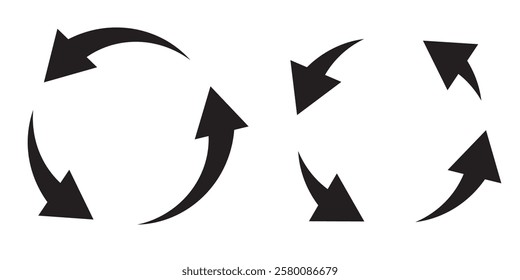  Circle arrow icon set. Symbol of reload, refresh, loading, recycle and repeat. Interconnecting round arrow vector icons set. Work in progress sign. One, two, three, four, five, six arrow in the loop.