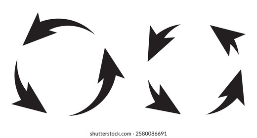  Circle arrow icon set. Symbol of reload, refresh, loading, recycle and repeat. Interconnecting round arrow vector icons set. Work in progress sign. One, two, three, four, five, six arrow in the loop.
