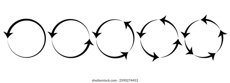 Circle arrow icon set. Symbol of reload, refresh, loading, recycle and repeat. Interconnecting round arrow vector icons set. Work in progress sign. One, two, three, four, five,  arrow in the loop. 