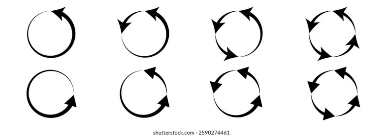 Circle arrow icon set. Symbol of reload, refresh, loading, recycle and repeat. Interconnecting round arrow vector icons set. Work in progress sign. One, two, three, four, five,  arrow in the loop. 