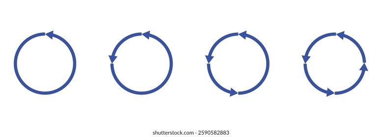 Circle arrow icon set. Symbol of reload, refresh, loading, recycle and repeat. Interconnecting round arrow vector icons set. Work in progress sign. One, two, three, four, five, six arrow in the loop. 