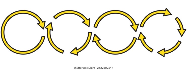 Circle arrow icon set. Symbol of reload, refresh, loading, recycle and repeat. Interconnecting round arrow vector icons set. Work in progress sign. One, two, three, four, five, six arrow in the loop