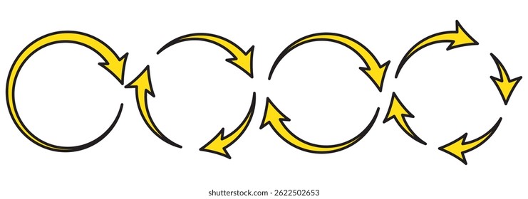 Circle arrow icon set. Symbol of reload, refresh, loading, recycle and repeat. Interconnecting round arrow vector icons set. Work in progress sign. One, two, three, four, five, six arrow in the loop