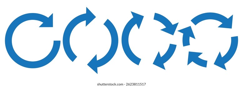 Circle arrow icon set. Symbol of reload, refresh, loading, recycle and repeat. Interconnecting round arrow vector icons set. Work in progress sign. One, two, three, four arrow in the loop