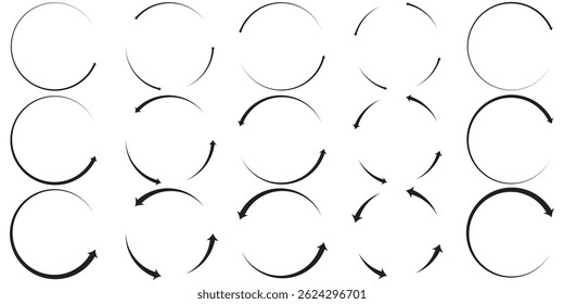 Conjunto de iconos de flecha circular. Símbolo de recarga, actualización, carga, reciclaje y repetición. Conjunto de iconos de vector de flecha redonda de interconexión. Signo de trabajo en curso. Una, dos, tres, cuatro, cinco, seis flechas en el bucle.