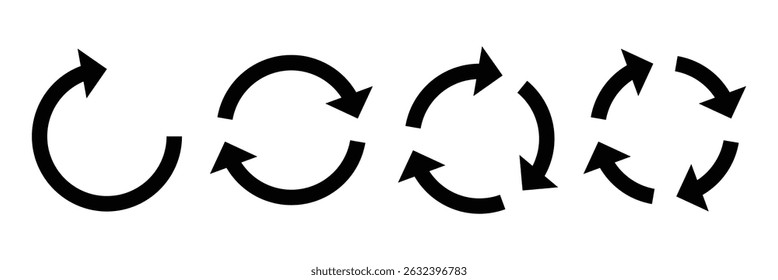 Circle arrow icon set. Symbol of reload, refresh, loading, recycle and repeat. Interconnecting round arrow vector icons set. Work in progress sign. Vector illustration isolated on white background.