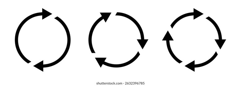 Circle arrow icon set. Symbol of reload, refresh, loading, recycle and repeat. Interconnecting round arrow vector icons set. Work in progress sign. Vector illustration isolated on white background.