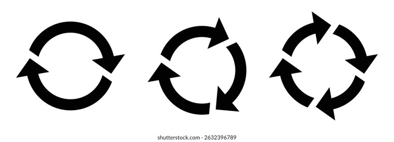 Conjunto de ícones de seta circular. Símbolo de recarregar, atualizar, carregar, reciclar e repetir. Interconexão de conjunto de ícones de vetor de seta redonda. Sinal de trabalho em andamento. Ilustração vetorial isolada sobre fundo branco.