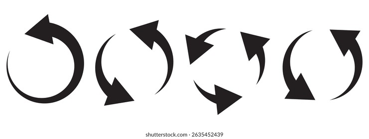 Conjunto de ícones de seta circular. Símbolo de recarregar, atualizar, carregar, reciclar e repetir. Interconexão de conjunto de ícones de vetor de seta redonda. Sinal de trabalho em andamento. Um, dois, três, quatro flechas no laço.