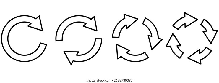 Circle arrow icon set. Symbol of reload, refresh, loading, recycle and repeat. Interconnecting round arrow vector icons set. Work in progress sign. circular arrow icon, refresh, reload. Set of circle.
