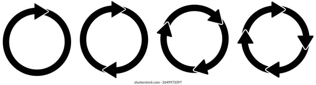 Conjunto de ícones de seta circular. Símbolo do ícone recarregar, Reciclar, repetir e atualizar. Ícone de reciclagem define vetor. Interconexão de conjunto de ícones de vetor de seta redonda. Ilustração vetorial.