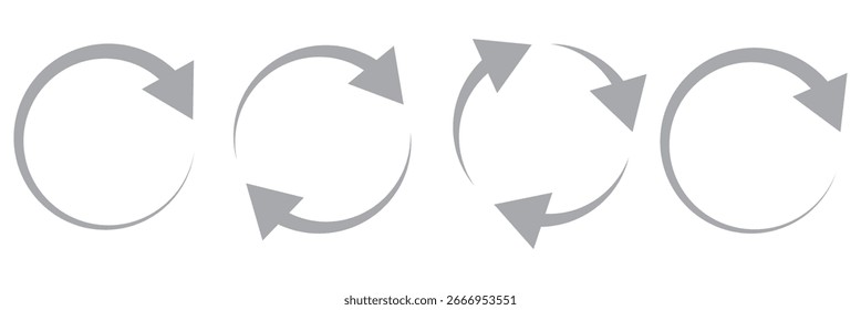 Symbolsatz für Kreispfeil. Symbol für das erneute Laden, Aktualisieren, Laden, Recyceln und Wiederholen. Verbundene runde Pfeile, Vektorsymbole gesetzt. Zeichen für 'Arbeit in Bearbeitung'. Eins, zwei, drei, Pfeil in der Schleife