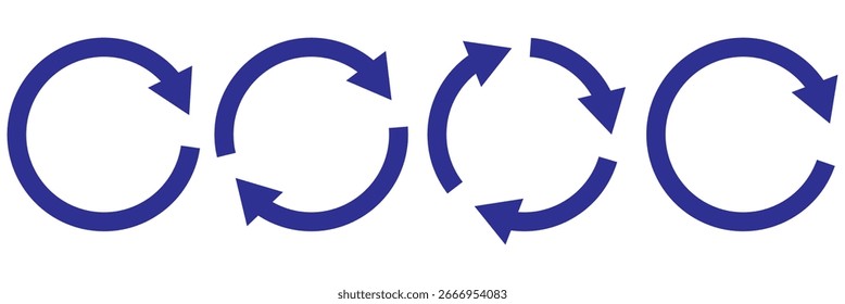 Circle arrow icon set. Symbol of reload, refresh, loading, recycle, and repeat. Interconnecting round arrow vector icons set. Work in progress sign. One, two, three, arrow in the loop