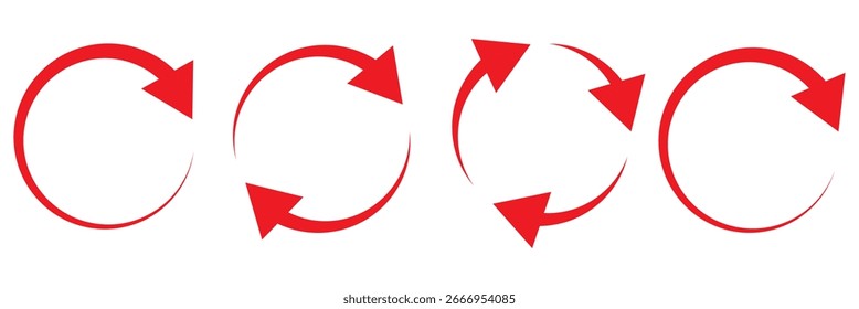 Conjunto de iconos de flecha circular. Símbolo de recargar, actualizar, cargar, reciclar y repetir. Conjunto de iconos de vector de flecha redonda de interconexión. Signo de trabajo en curso. Uno, dos, tres, flecha en el bucle