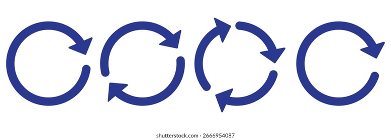 Conjunto de iconos de flecha circular. Símbolo de recargar, actualizar, cargar, reciclar y repetir. Conjunto de iconos de vector de flecha redonda de interconexión. Signo de trabajo en curso. Uno, dos, tres, flecha en el bucle