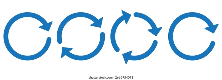 Circle arrow icon set. Symbol of reload, refresh, loading, recycle, and repeat. Interconnecting round arrow vector icons set. Work in progress sign. One, two, three, arrow in the loop