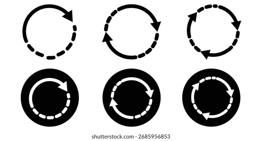 Circle arrow icon set. Symbol of reload, refresh, loading, recycle and repeat. Interconnecting round arrow vector icons set. Work in progress sign. One, two, three, four arrow in the loop