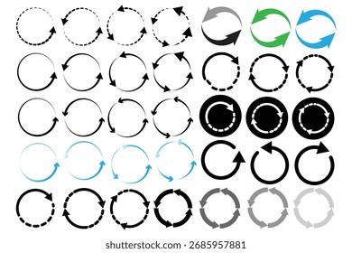Conjunto de iconos de flecha circular. Símbolo de recargar, actualizar, cargar, reciclar y repetir. Conjunto de iconos de vector de flecha redonda de interconexión. Signo de trabajo en curso. Uno, dos, tres, flecha en el bucle