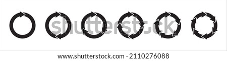 Circle arrow icon set. Symbol of reload, refresh, loading, recycle and repeat. Interconnecting round arrow vector icons set. One, two, three, four, five, six arrow in the loop.